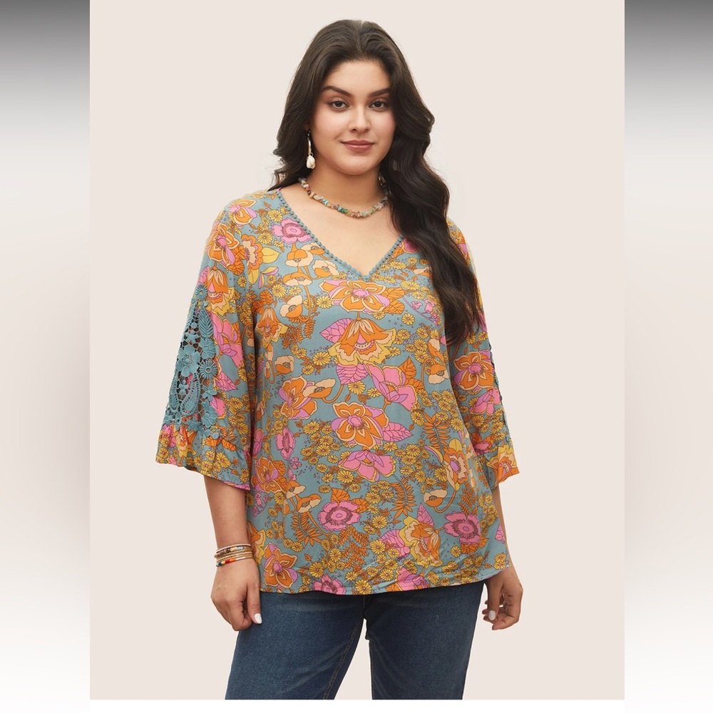 3X Boho Print Guipure Lace Ruffles Blouse